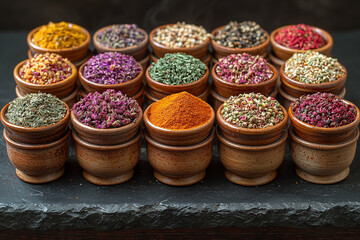 Colorful spices in small bowls
