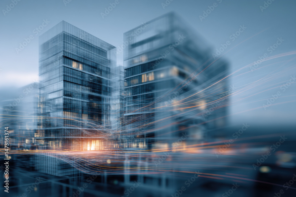 Poster modern cityscape at dusk, showcasing sleek glass skyscrapers interconnected by dynamic light trails,