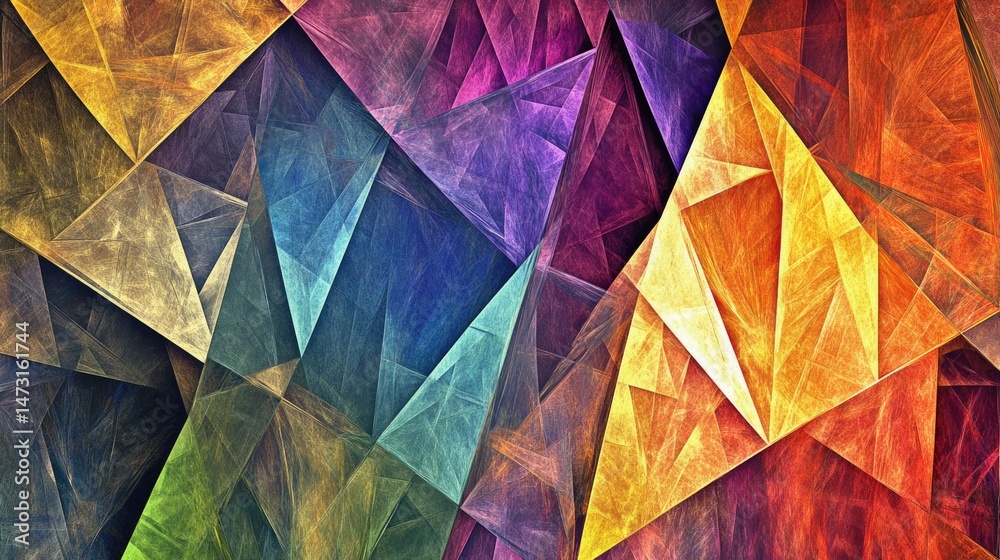Poster fractal-like geometric patterns and vibrant lines creating an abstract, colorful background with dep