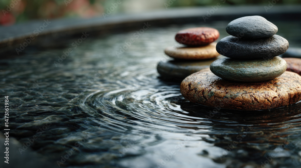 Poster Serene stacked stones in a tranquil water basin, creating a calming and balanced zen garden atmosphere.  The ripples in the water add a sense of peace and serenity. : Generative AI
