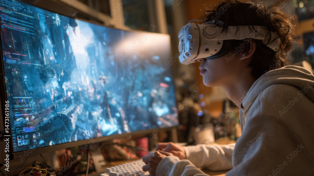 Poster Young man wearing VR headset, intensely focused on a futuristic video game displayed on a large computer monitor in a dimly lit room. : Generative AI