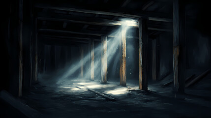 Fototapeta premium A dimly lit mine shaft with wooden supports and a bright light shining through. [Echoes of Industry] | Cindered Gear | blistered cog. Illustration