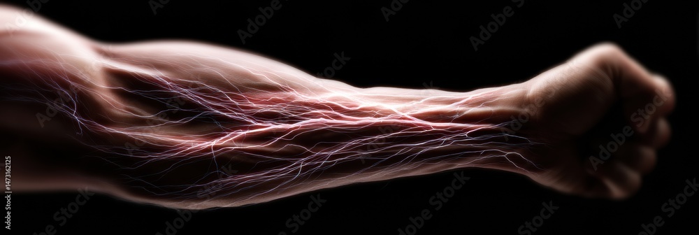 Poster close-up of arm veins and muscles under tension showcasing strength and definition in a dynamic pose