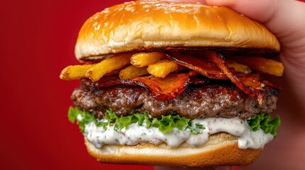 Delicious Hamburger with Crispy Bacon and Fries Held by Hand