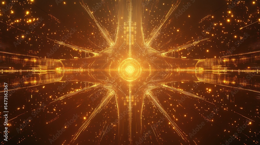 Poster futuristic cybernetic design with glowing circuits and digital grids creating an abstract high-tech 