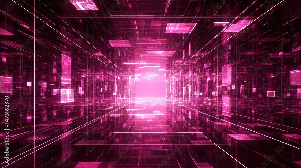 Poster futuristic cybernetic design with glowing circuits and digital grids creating an abstract high-tech 