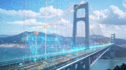 Fototapeta premium Futuristic bridge with digital overlay