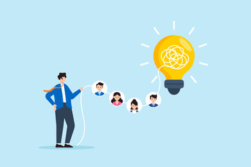 Flat illustration of businessman transforming tangled team connections into glowing structured idea during strategic brainstorming session