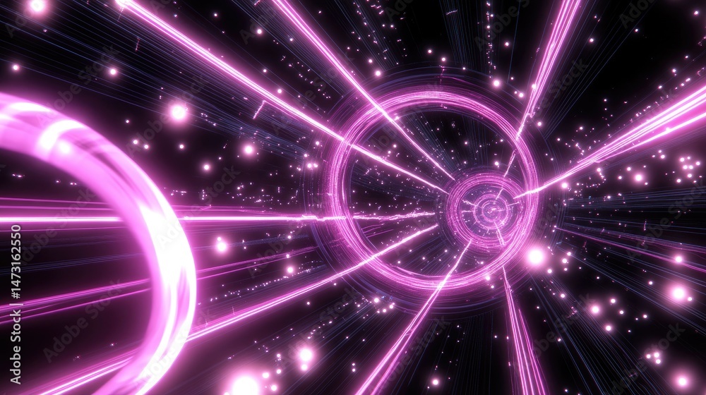 Poster futuristic digital network with glowing connected dots and swirling neon lines creating a modern tec