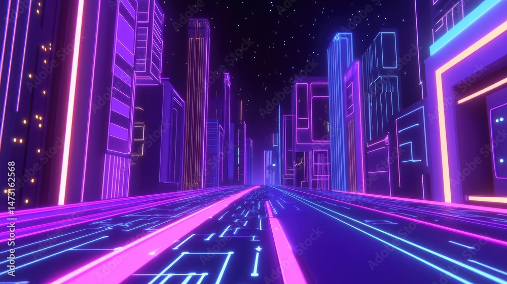 Poster futuristic digital network with glowing connected dots and swirling neon lines creating a modern tec