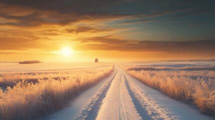 Fototapeta premium Glistening trails under golden horizon. [Frozen Monoliths] | Cold Horizon | distant monument. Illustration