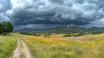 Obraz premium Dramatic landscape photography of a dirt road leading towards a mountainous region under a brooding, dark storm cloud. Wildflowers bloom vibrantly in the foreground.