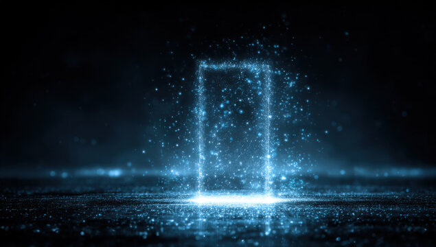Glowing blue particles forming a rectangular portal, shimmering on a dark surface.  Digital art depicting energy, magic, or technology. : Generative AI