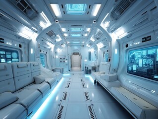 The interior of a futuristic space station, equipped with an advanced holographic interface and pure white and blue lighting, presents a high-tech 4K rendered environment with retro-futuristic design.