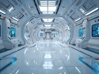 Obraz premium The interior of a futuristic space station, equipped with an advanced holographic interface and pure white and blue lighting, presents a high-tech 4K rendered environment with retro-futuristic design.