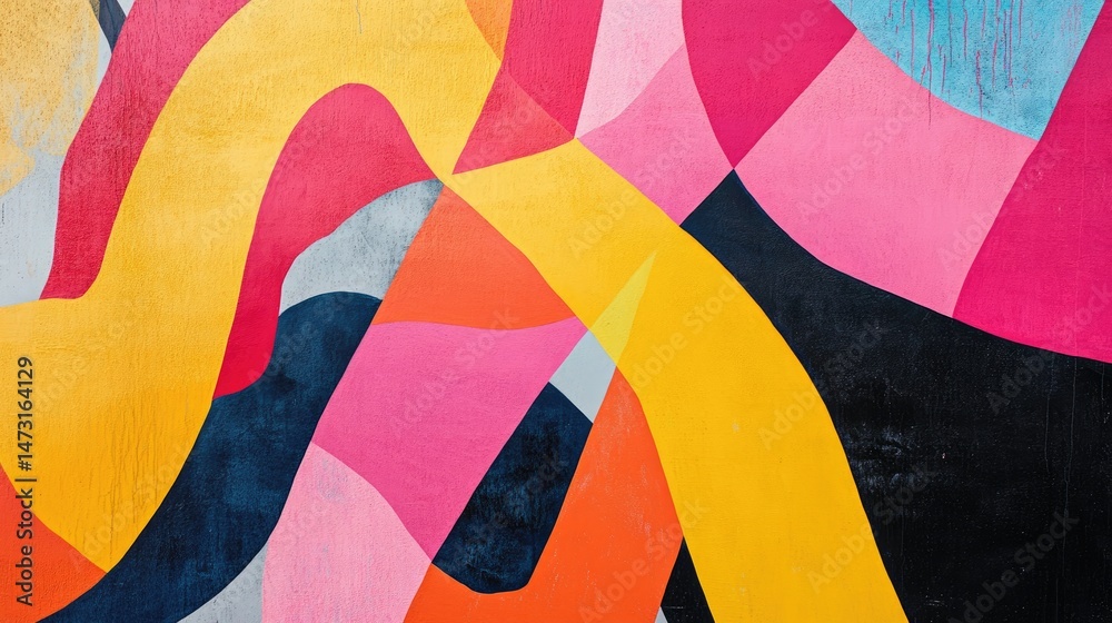 Poster geometric abstraction with bold, overlapping lines and irregular shapes in vivid colors, creating an