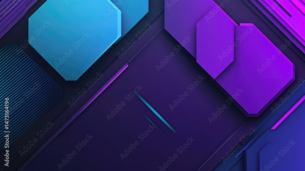 Poster geometric abstraction with hexagonal shapes and angular lines in a deep blue and purple color palett