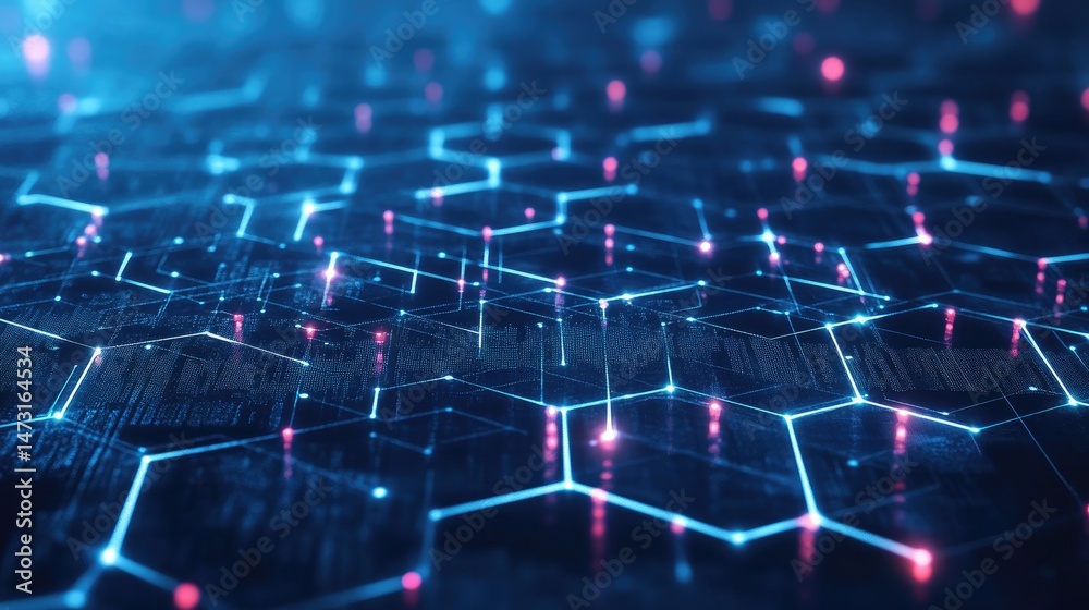 Poster geometric digital patterns with neon lights and floating hexagons creating a high-tech abstract back