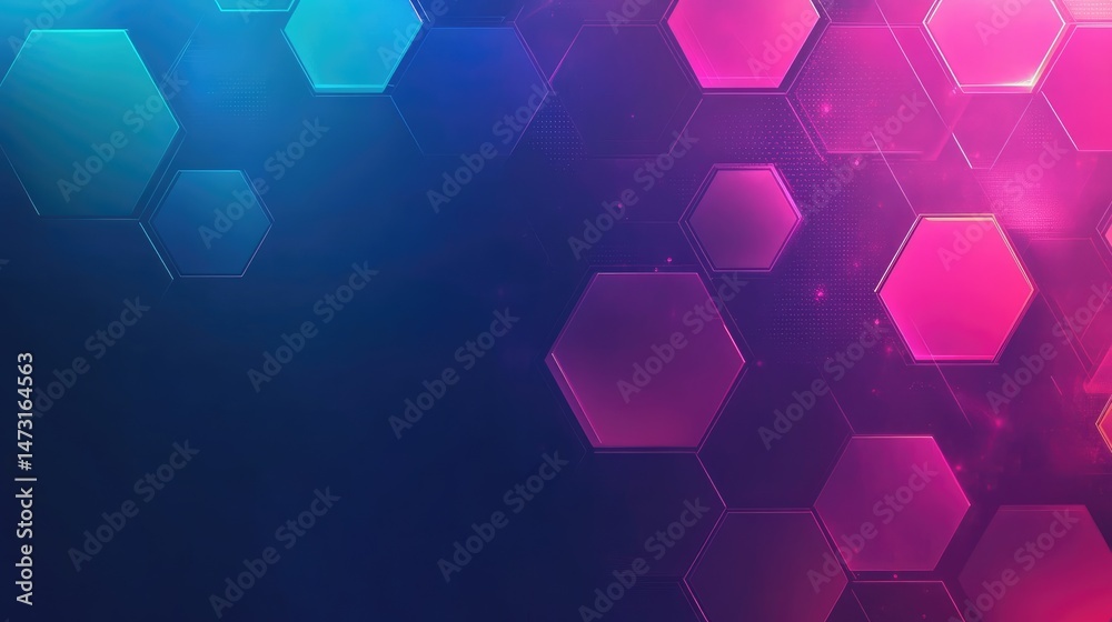 Poster geometric digital patterns with neon lights and floating hexagons creating a high-tech abstract back