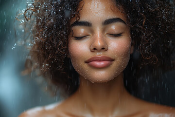Woman standing with eyes closed, wet hair in rain.