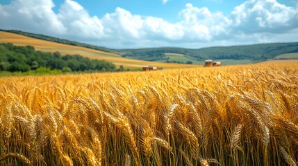 Golden wheat field under sunny sky with distant harvesters.