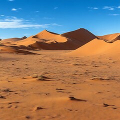 Vast orange desert dunes under a vibrant blue sky.  Desert landscape with sand formations