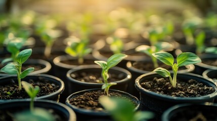 Close-up of delicate green seedlings sprouting from rich soil in small black nursery bags