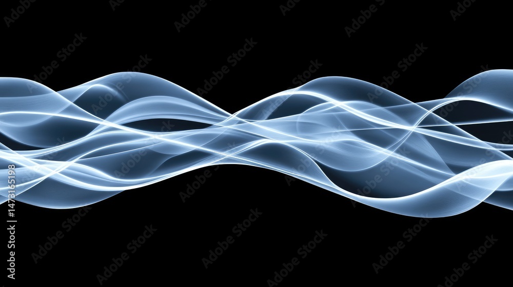 Poster glowing abstract digital waves with soft curves and intersecting light trails, representing technolo