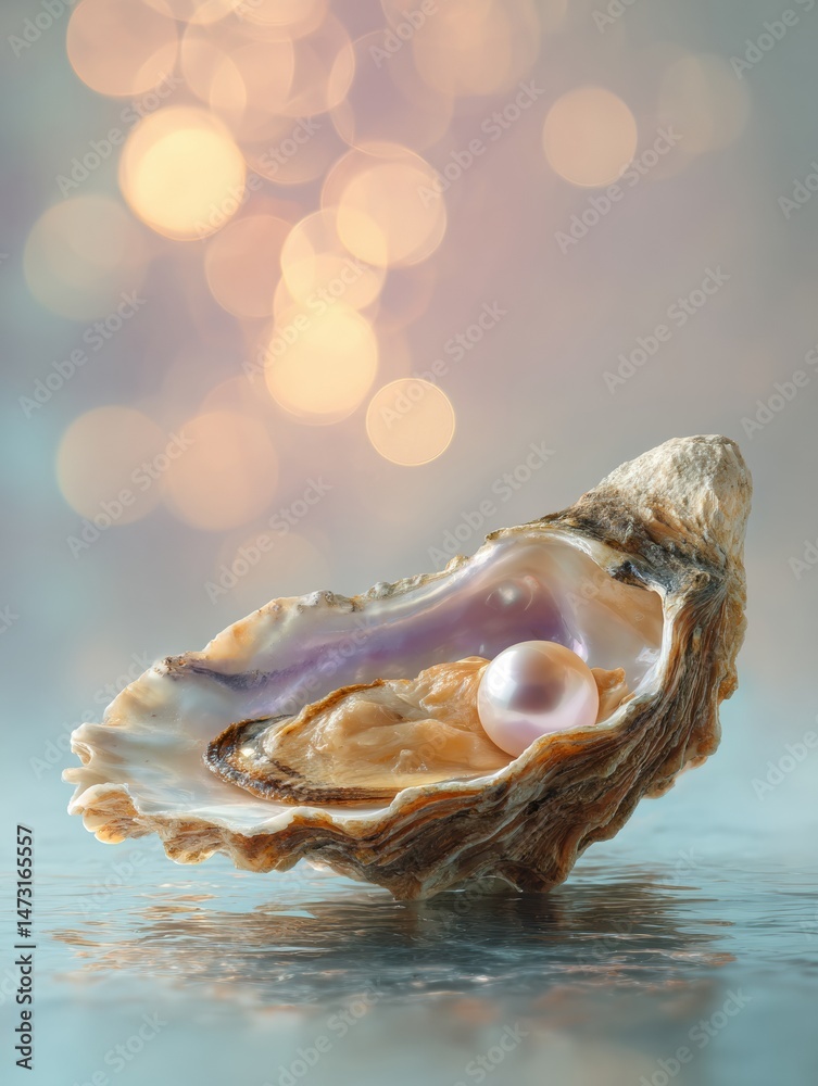 Aufkleber Oyster Shell Opened With Lustrous Pearl Against a Softly Blurred Background Illuminated by Gentle Top Light