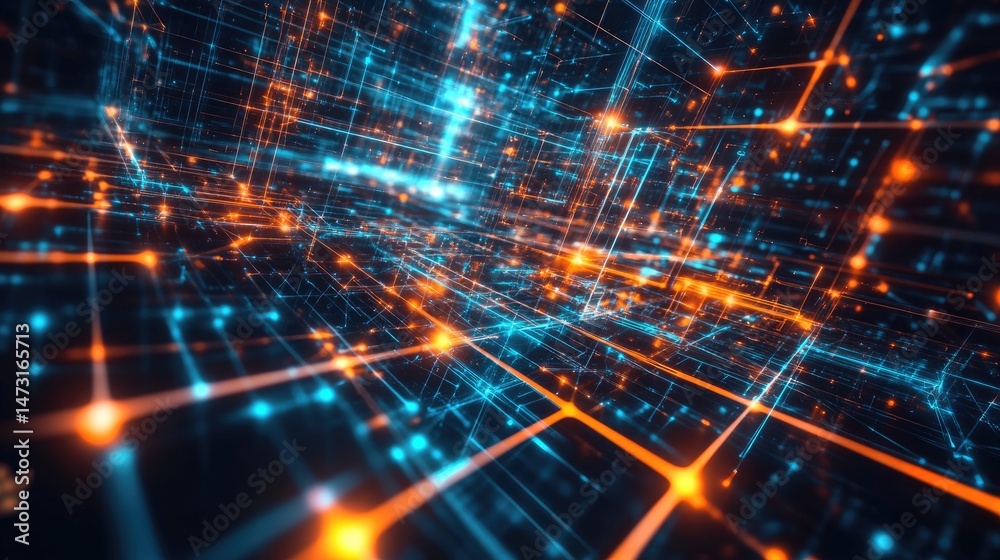 Poster glowing neon triangles and digital patterns converging to form an abstract technology-inspired scene