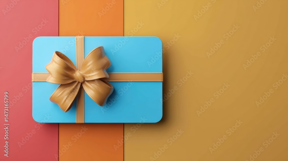 Poster gift card mockup displayed on a bright and colorful background with a golden ribbon, showcasing a mo
