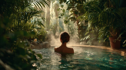 Woman relaxing in a hot spring surrounded by lush tropical plants and steam, enjoying a tranquil spa experience in a serene, natural environment. : Generative AI