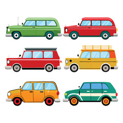 Six classic wagon transport isolated on white background