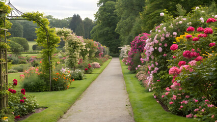 Beautiful Garden Pathway with Blooming Roses and Greenery – Tranquil Floral Landscape for Nature and Relaxation.