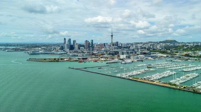 Aerial hyperlapse, dronelapse video of Auckland of New Zealand in daytime
