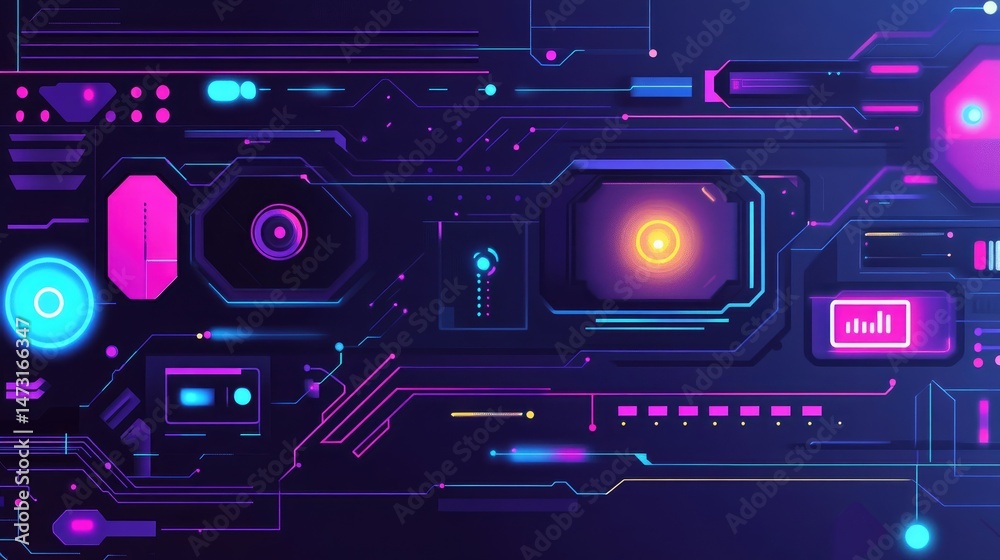 Poster high-tech abstract scene with glowing lines, floating shapes, and digital data streams in a neon col