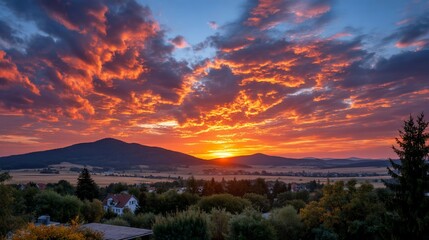 Obraz premium Fiery sunset over mountains and village, dramatic sky and orange light on trees