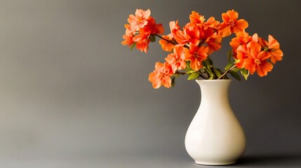 Single white vase holding fresh vivid orange blossoms against muted gray background simple balanced floral still life composition soft light natural textures cut out on isolated transparent background
