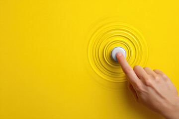 A finger presses a white button on a vibrant yellow surface, creating concentric circles.  The image evokes a sense of activation or initiation. : Generative AI