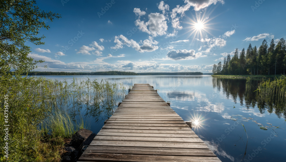 Poster serene wooden dock extending over calm lake water, reflecting sunlight and sky, surrounded by lush g