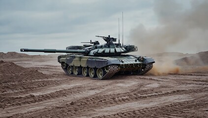 Military tank moving across a dusty terrain.