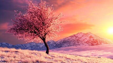 Solitary cherry blossom tree peak bloom facing distant snow covered mountain range under glowing orange pink sunset sky tranquil vibrant nature scene cinematic style cut out isolated transparent