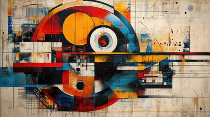 Intricate geometric patterns with interlocking shapes, bold lines, and a mix of muted and bright colors forming a captivating abstract composition