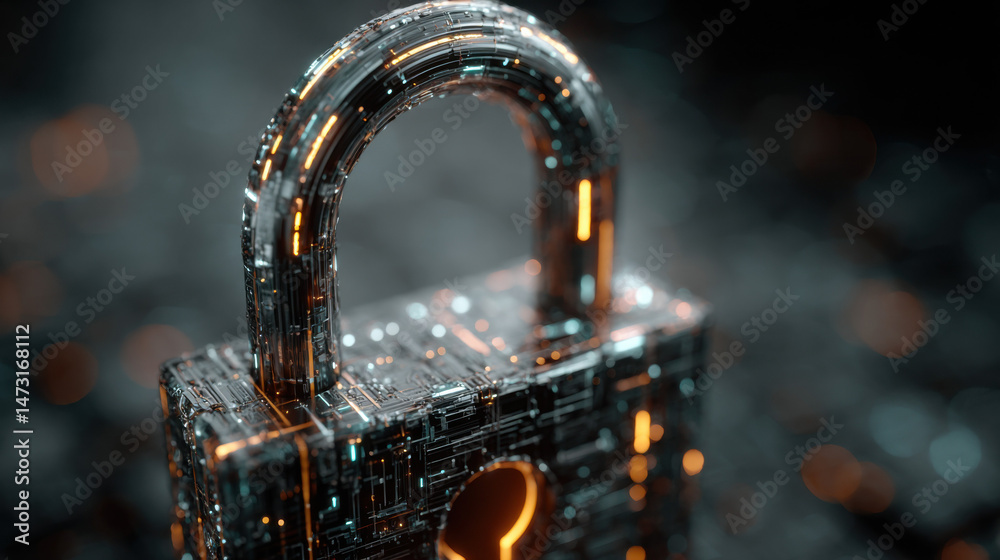 Poster Futuristic metallic padlock with glowing orange circuits, detailed 3d render of a high-tech security device, close-up view. : Generative AI
