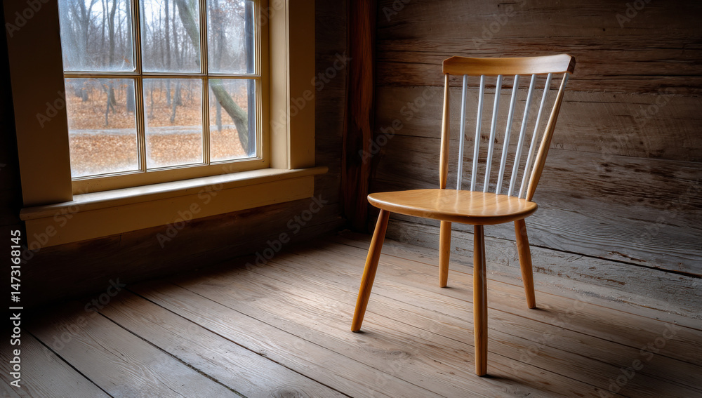 Poster a wooden chair with white spindles sits in a rustic room near a window overlooking a leaf-strewn pat
