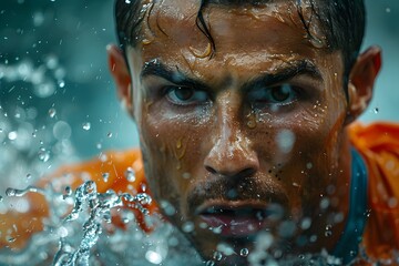 Close-up of a wet male face showing determination and strength during action.