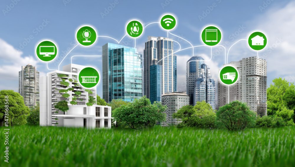 Poster smart city skyline: eco-friendly buildings connected by a network of green technology icons, showcas