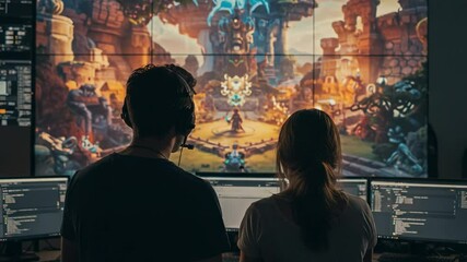 Young Adult Males and Females Engaged in Video Game Development, Focused on 3D Animation in a Dynamic Gaming Studio Environment