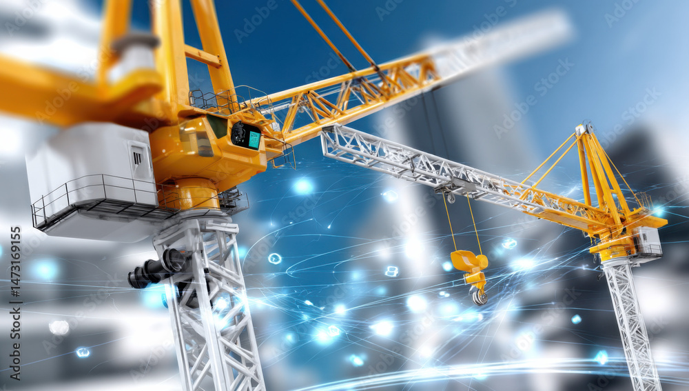 Aufkleber two yellow and white construction cranes against a blurred city backdrop, showcasing modern engineer