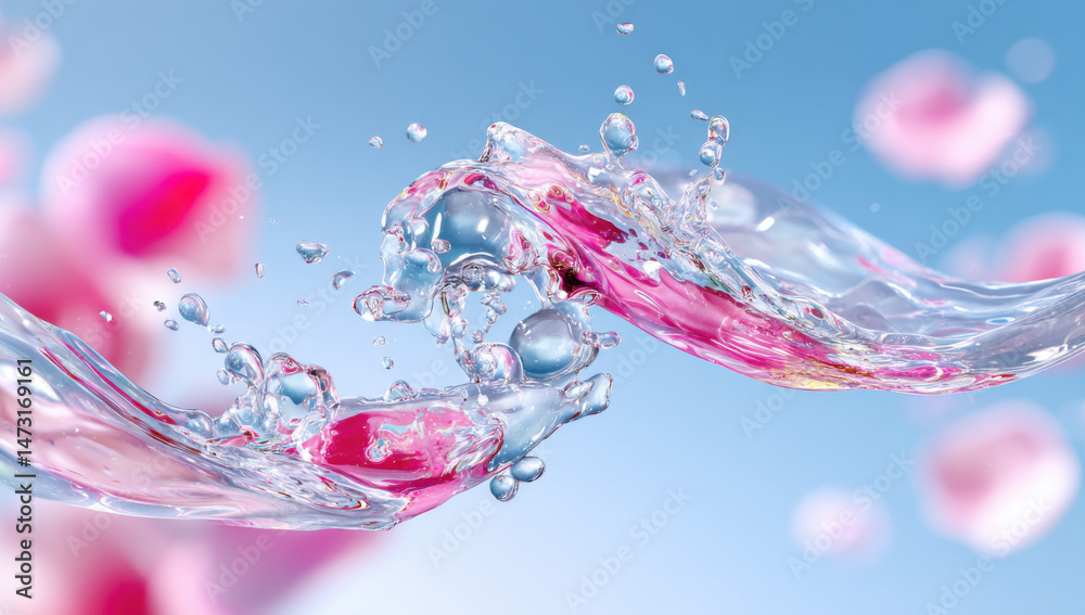 Poster Dynamic water splash with pink floral accents, creating a vibrant and refreshing image perfect for beauty or cosmetic products.  The translucent water droplets and wave evoke a sense o : Generative AI
